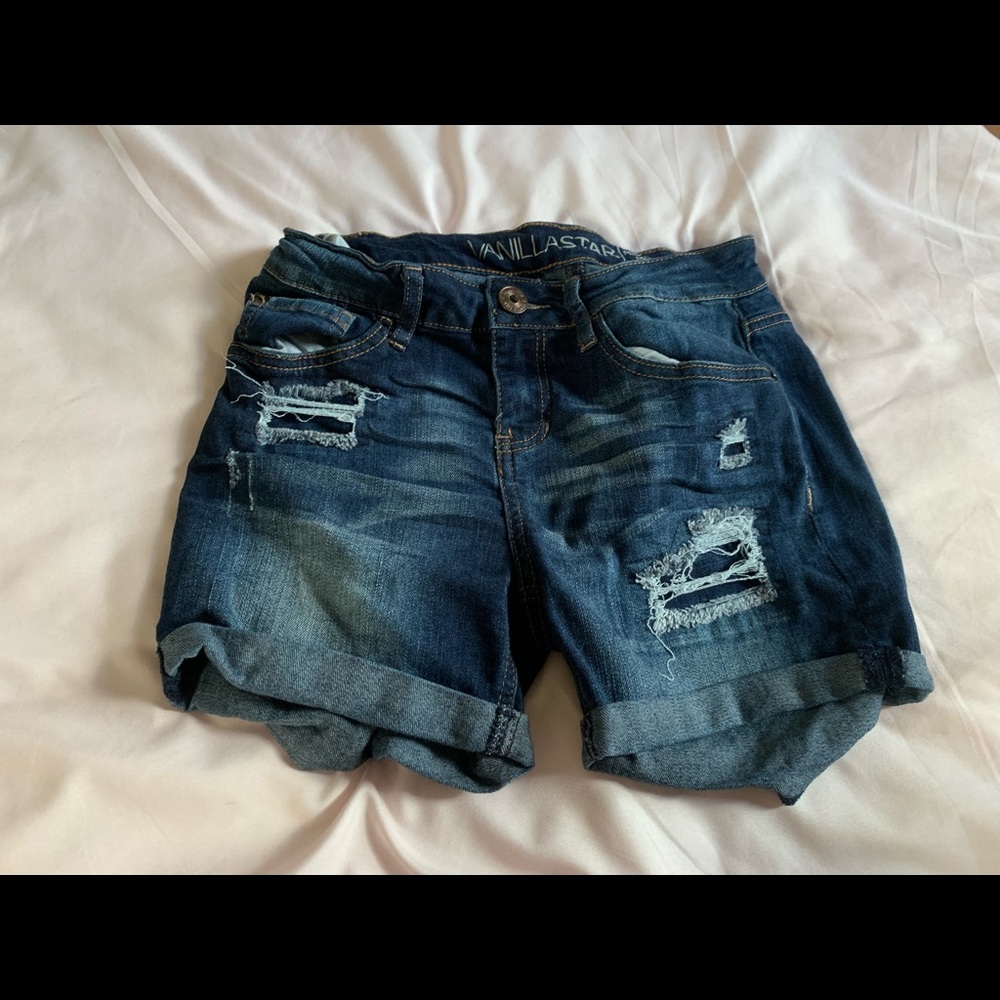 Cuffed distressed denim shorts